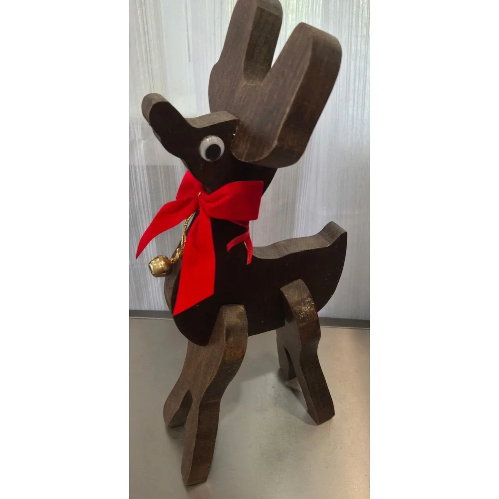 Vintage Handmade Wooden Reindeer Figurine Rustic Christmas Decor Red Bow Bell